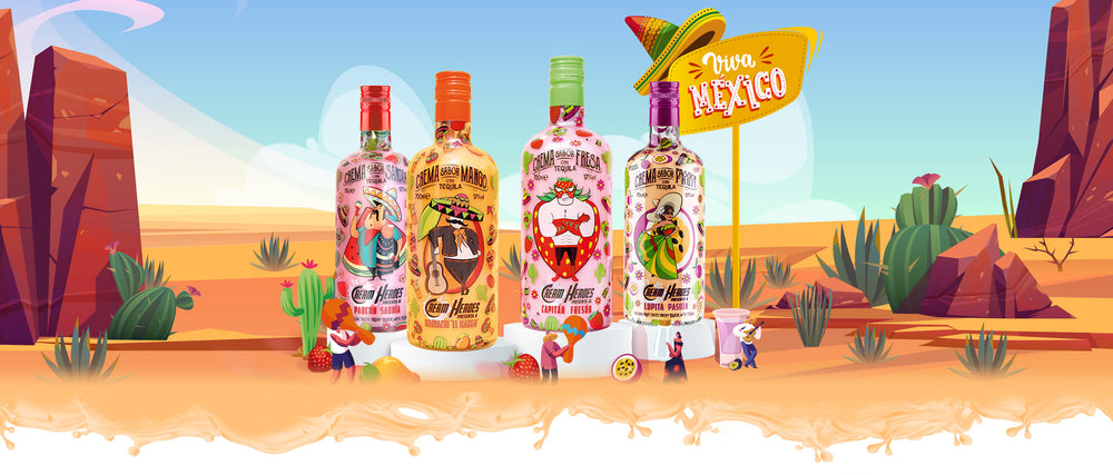 Cream Heroes es la marca de crema de tequila más trendy del mercado con el toque tequifresi que queremos en nuestras fiestas llegan Capitán Fresón, Mariachi el Mango, Lupita Pasión y Pancho Sandía.